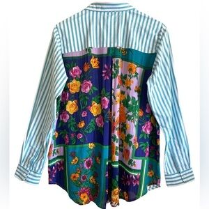TOLANI Vibrant Colorful Floral Back Striped Boho Button Down Blouse Sz M NWT
